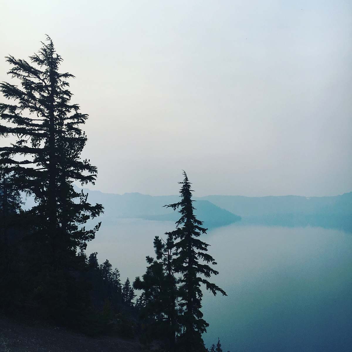 crater lake silhouette of trees covered by fog forest